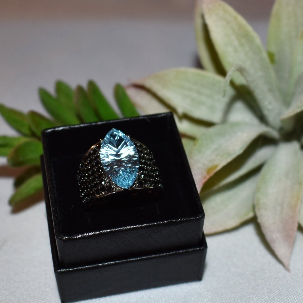 Rarities By Carol Brodie Black Spinel And Marquis Cut Blue Topaz Ring, Size 10